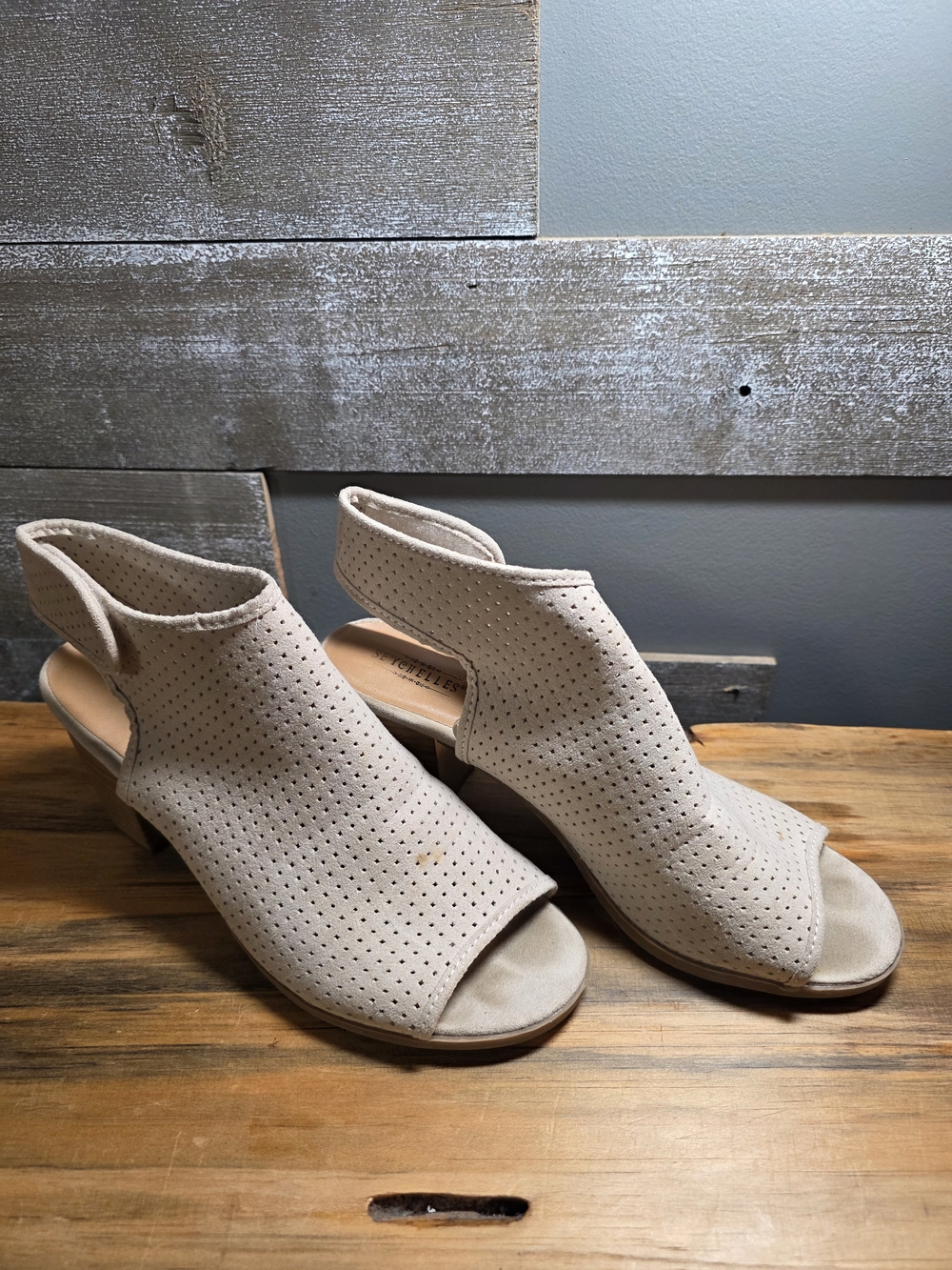 Seychelles Perforated Open-Toe Slingback Heels in Beige